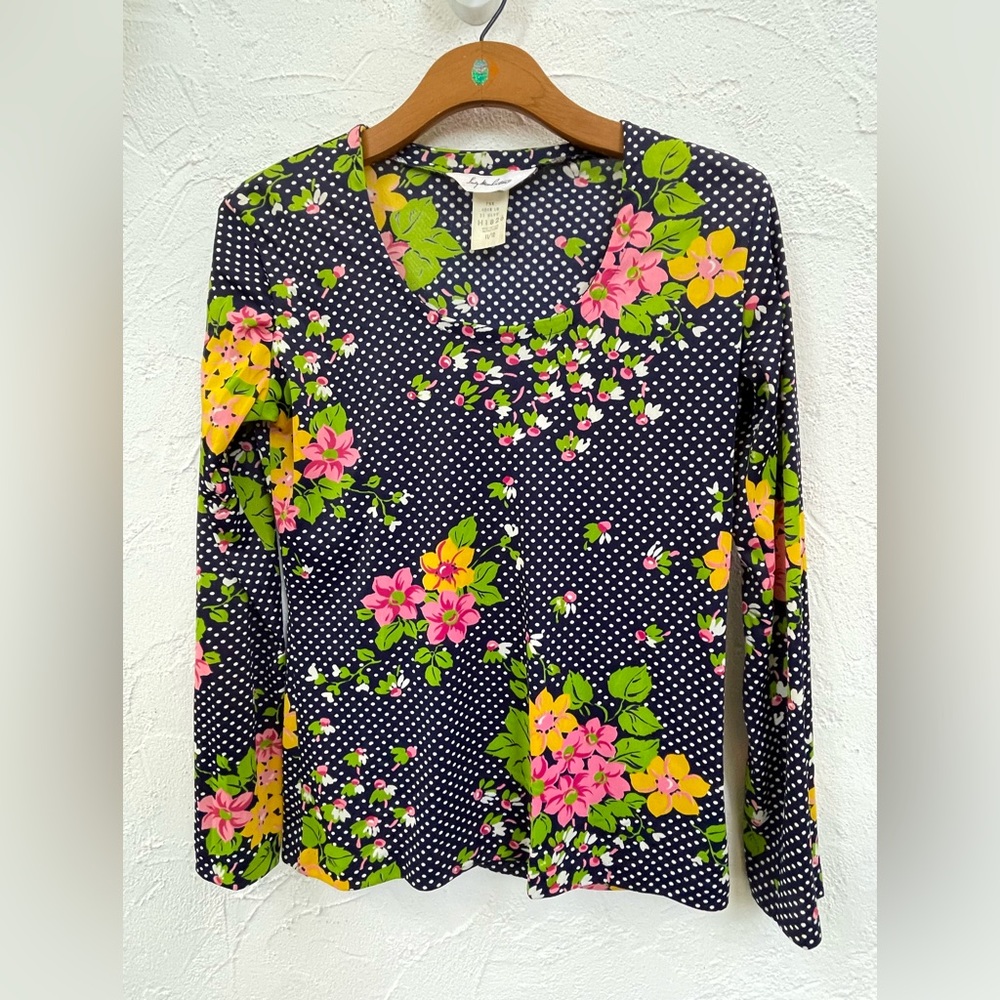Vintage 70’s Blue & White Polka Dot Floral Long Sleeve Top / Small/Medium